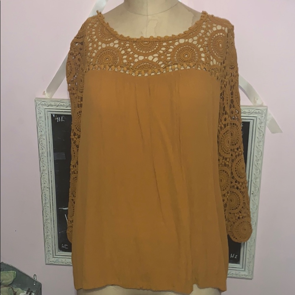 Long sleeve top with lace neckline and sleeves